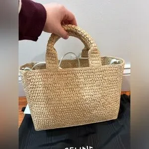 【CELINE 】 Small cabas Thais in raffia and calfskin small cabas thais in TEXTILE WITH TRIOMPHE CANVAS PRINT AND